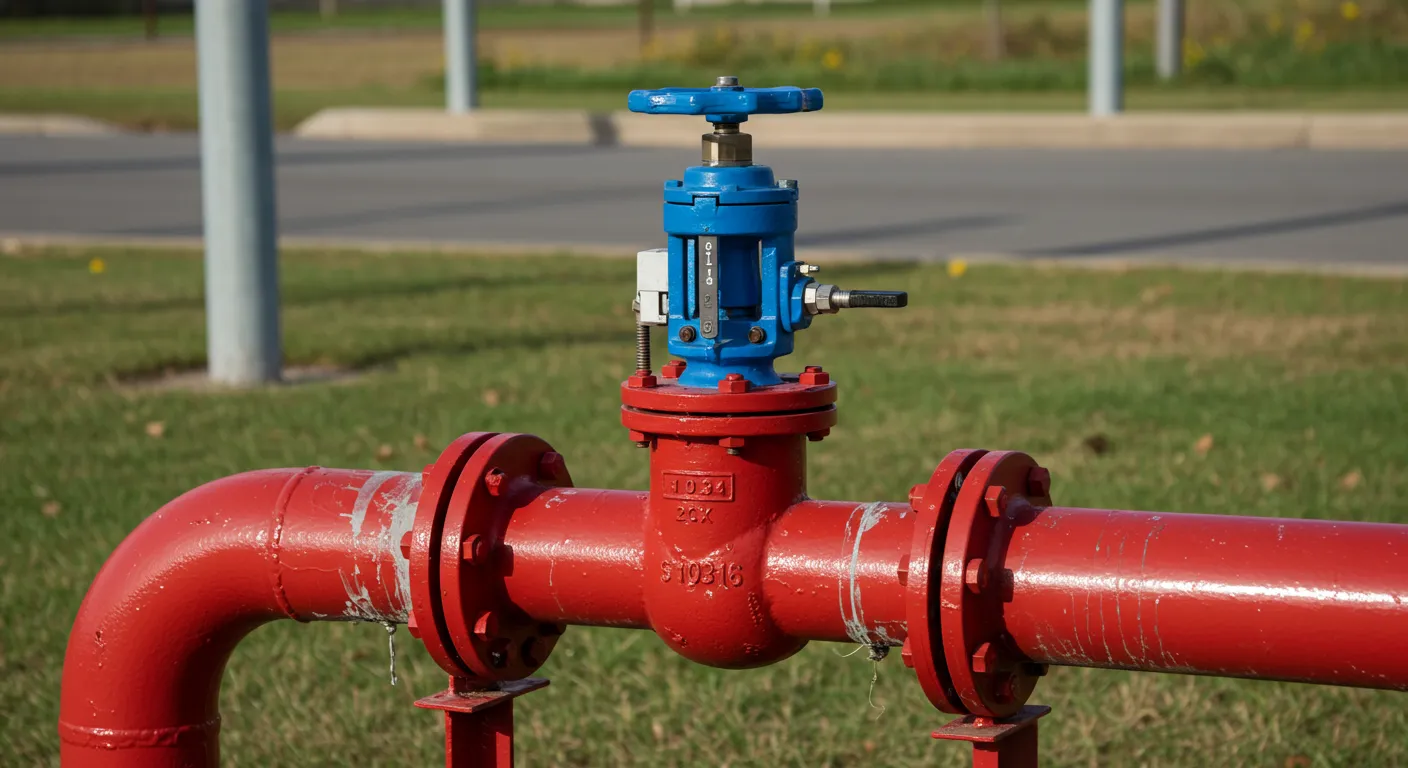 Commercial backflow preventer assembly on the side of a building