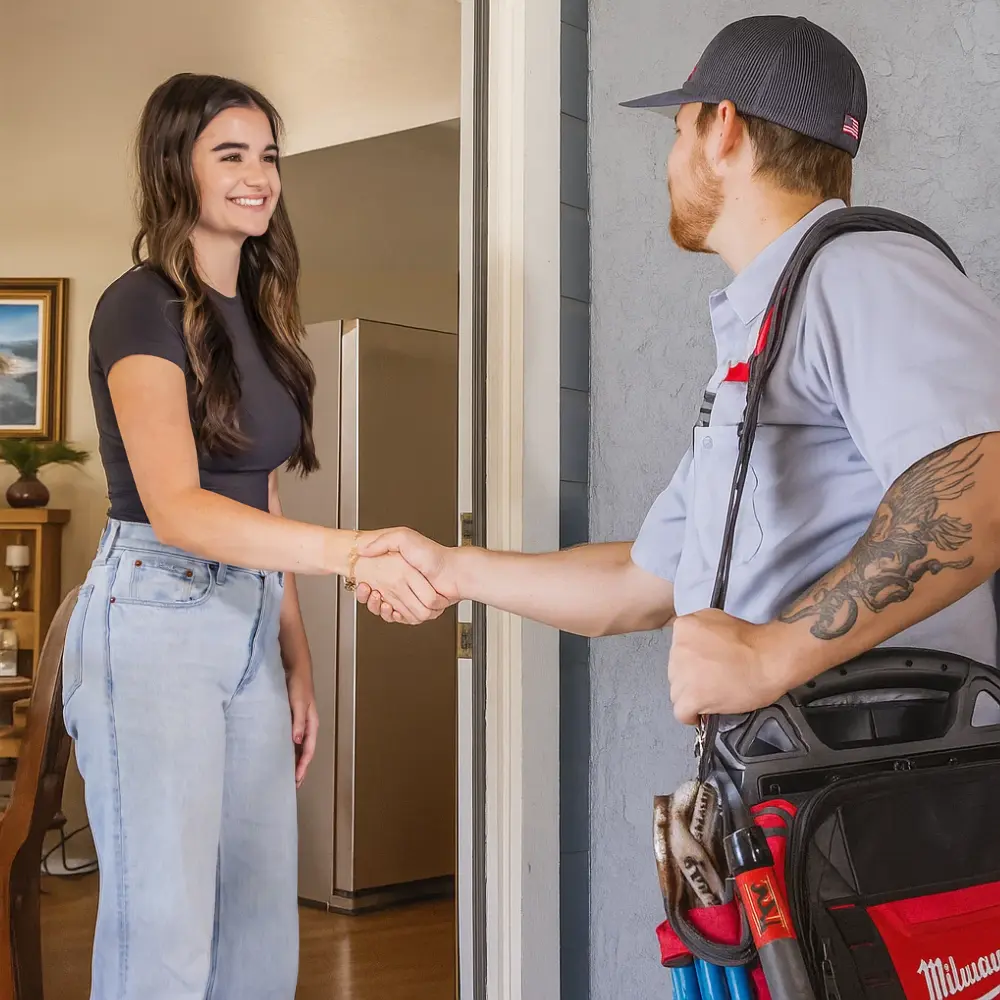 Happy customers with Gardner Plumbing technician showing satisfaction and trust