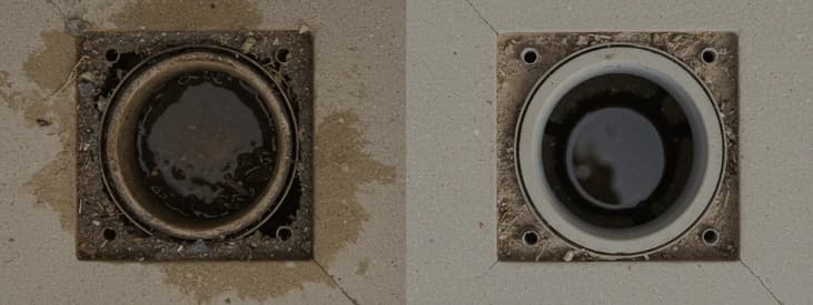 Before and after drain cleaning results showing clear vs clogged pipes