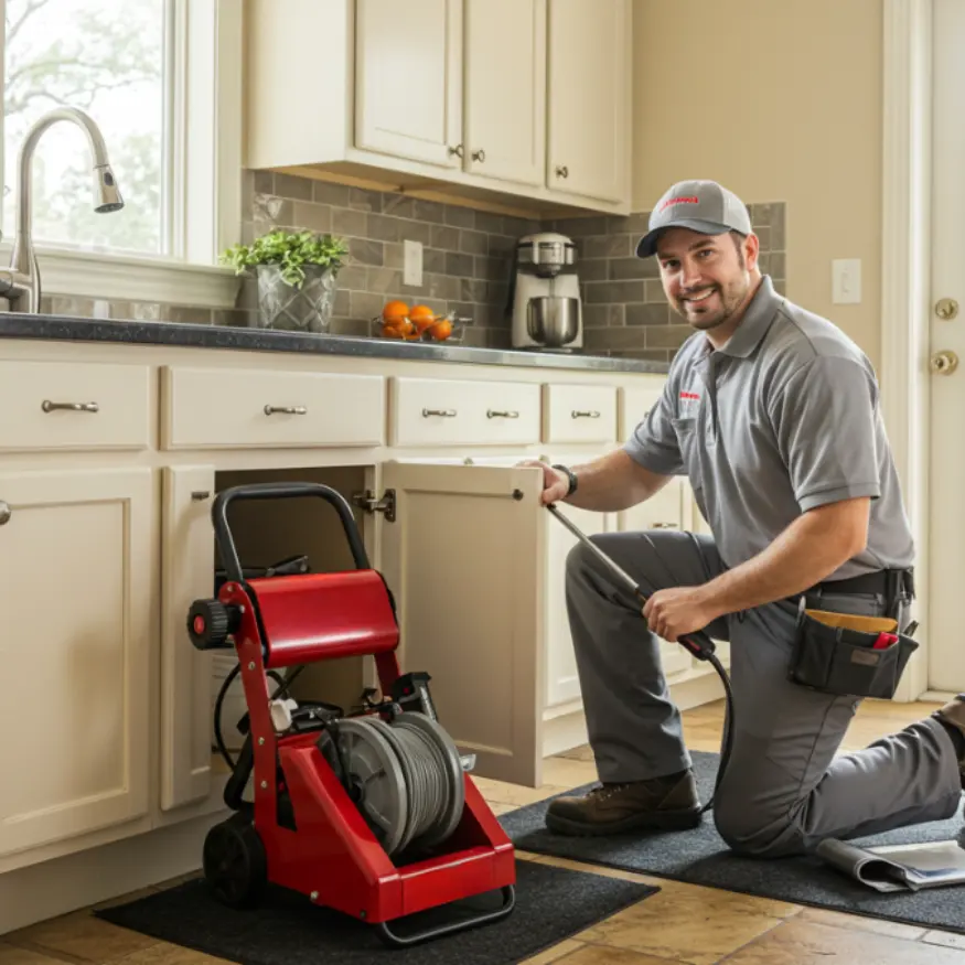 Professional plumber using hydro-jetting equipment to clean drains