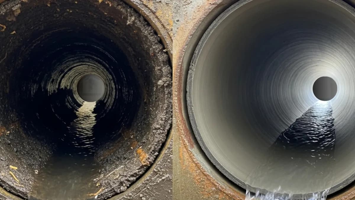 Before and after hydro-jetting showing clogged vs clean pipe