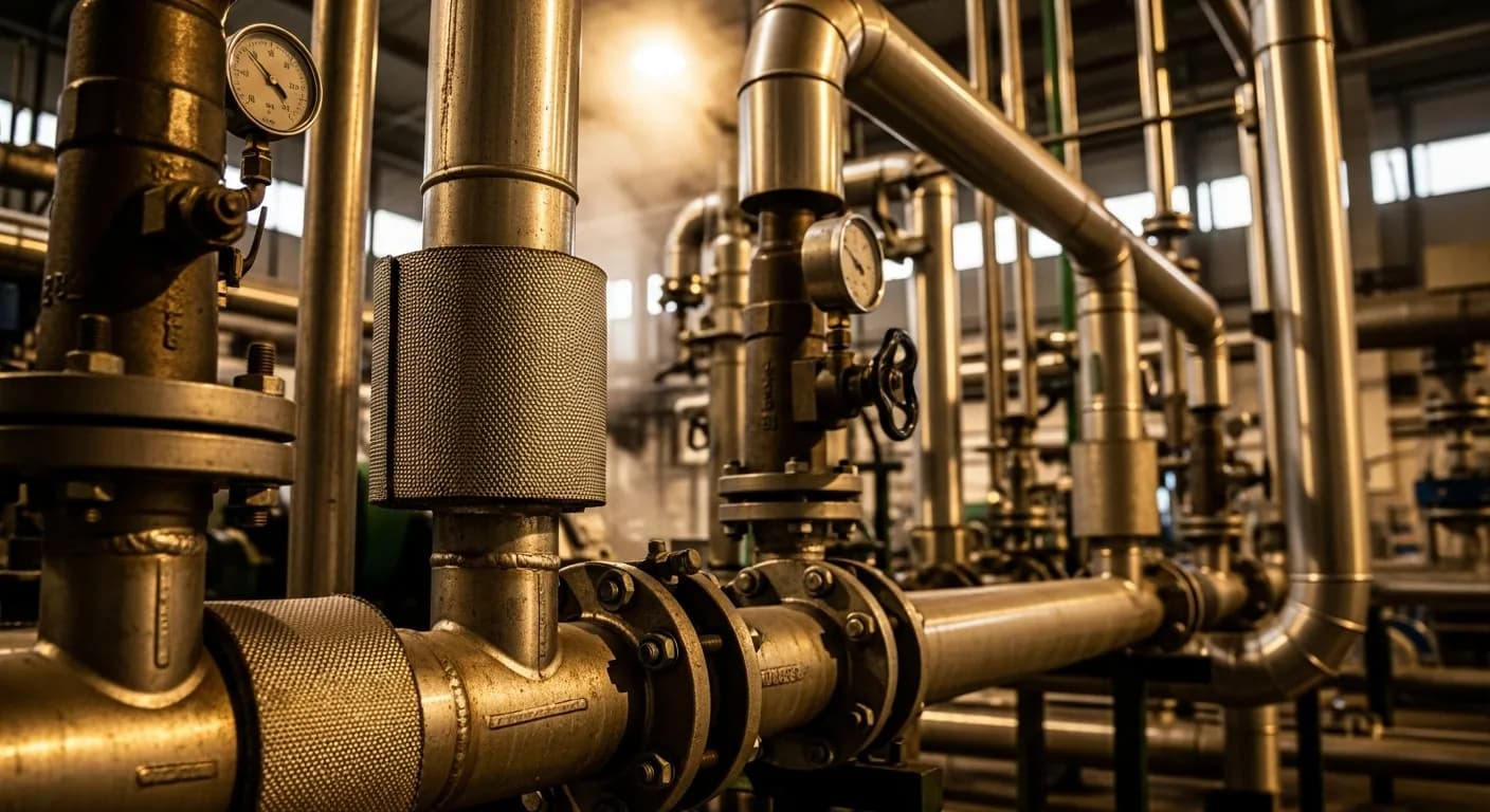 Complex industrial piping in a manufacturing plant