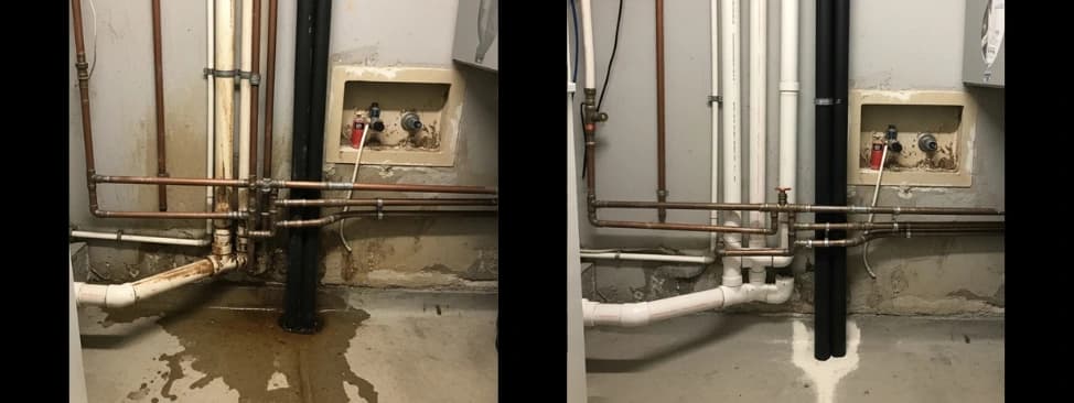 Before and after leak detection showing water damage vs repaired area