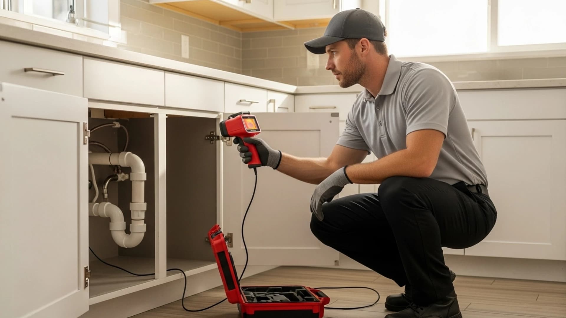 Professional plumber using electronic leak detection equipment