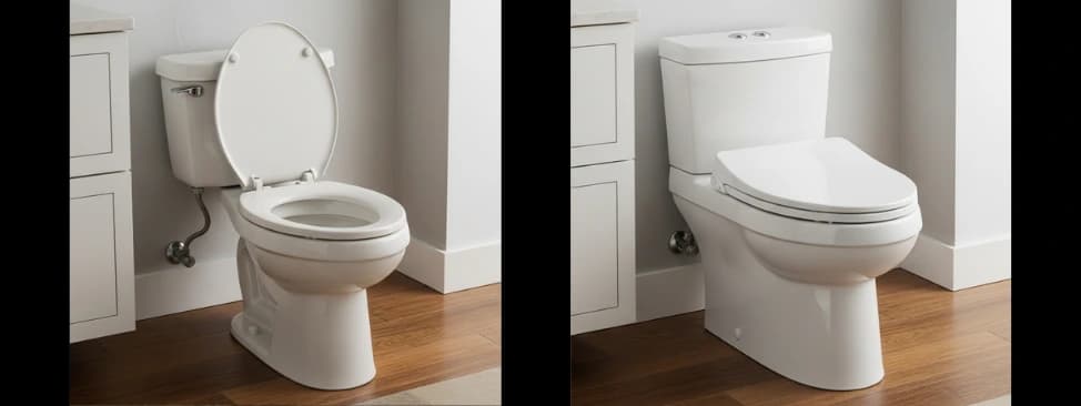 Before and after toilet replacement showing clean, leak-free result